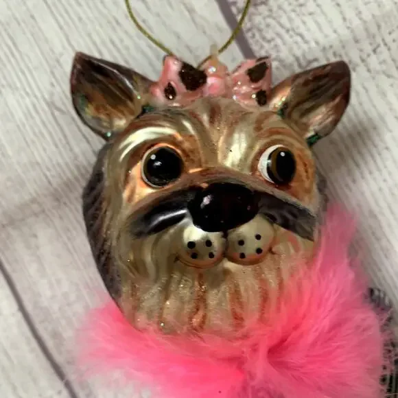 Yorkshire Terrier Dog Glass Christmas Tree Ornament Ballerina Feather Boa Yorkie - Picture 5 of 16
